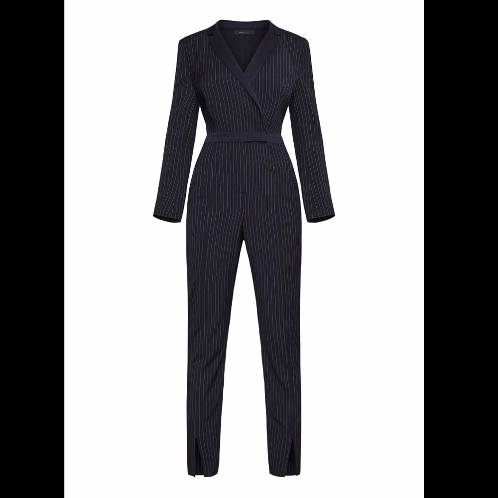 BCBGMAXAZRIA Faux Wrap Pinstripe Jumpsuit L